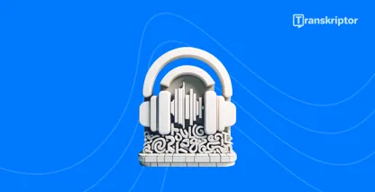 Căștile de deasupra unei tastaturi simbolizează serviciile de transcriere audio în text, cum ar fi Notability pentru luarea eficientă a notițelor.