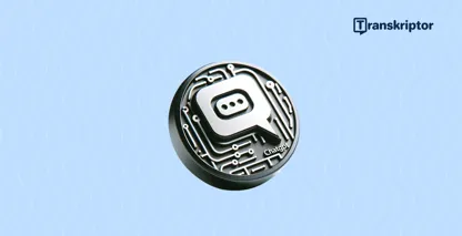 ChatGPT garso transkripcijos piktogramą banguotame mėlyname fone, abejodami ChatGPT transkripcijos galimybėmis.