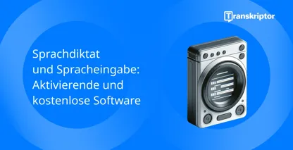 Blaues Vintage-Mikrofon mit Transkriptionstext, der Sprachdiktierdienste darstellt.