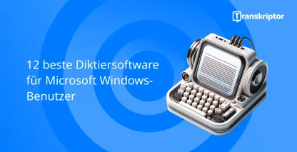 Diktiersoftware für Windows-Benutzer mit einem Vintage-Mikrofon und einer Schreibmaschine, die die Spracheingabe symbolisiert.