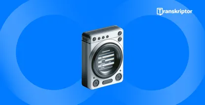 Μπλε vintage μικρόφωνο με κείμενο μεταγραφής που αντιπροσωπεύει υπηρεσίες υπαγόρευσης φωνής.