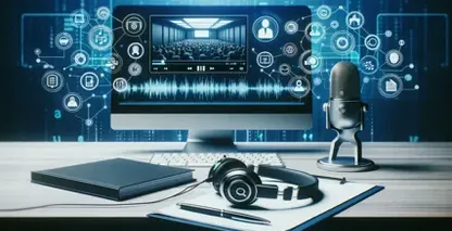 Young man in glasses is using a tablet, with a speech-to-text app symbol emerging from the screen