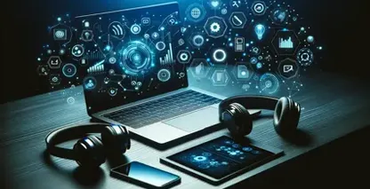 Manual transcription software represented in a workspace with laptop, holographic icons, headphones, tablet, and phone