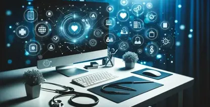 Medical dictation software symbolized by a workspace with holographic medical icons on display