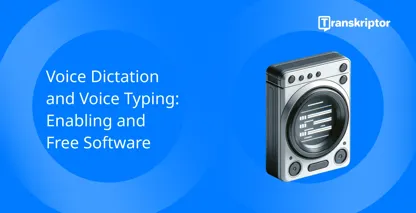 Blue vintage microphone with transcription text representing voice dictation services.