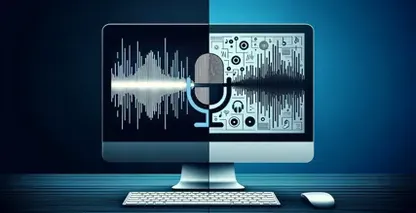 Contemporary depiction of audio transcription, featuring a sleek computer monitor split down the center.