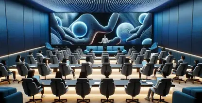 Modern lecture hall filled with attendees seated on plush chairs, each equipped with individual workstations