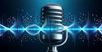 Voice-to-text symbolized by a futuristic microphone with sound waves and binary
