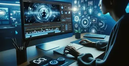 Blackboard-videos-captions depict a digital artist at a station with a meditating silhouette amidst holographic visuals