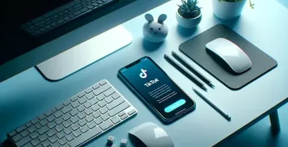 Smartphone with TikTok application open, surrounded by a keyboard, mouse, and desktop items on a blue-lit table.