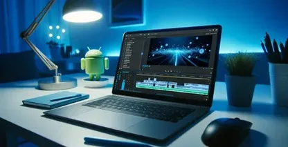 Add text to video on Vegas Pro setup with a desk holding an Android figurine, lamp, pencils, notebook, and stylus