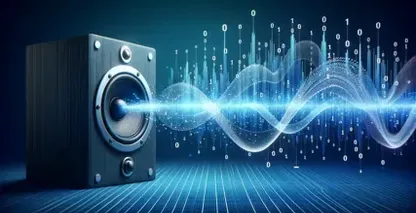 Wooden speaker emitting vibrant sound waves intertwined with binary code, signifying AAC audio conversion to text.