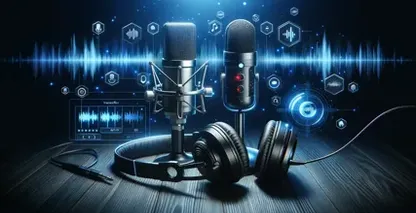 Two professional microphones stand in the foreground with a glowing digital waveform extending between them.