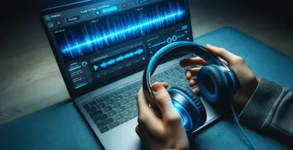 MP3 to text showcased by a laptop screen displaying an audio waveform with various control buttons and settings.