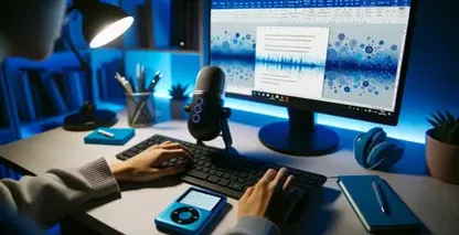 Google Docs interface shows a person in a room studying on a monitor, hinting at speech to text conversion.