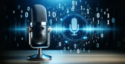 Voice-to-text on WeChat, sophisticated microphones stand out against a backdrop of digital codes and futuristic icons.