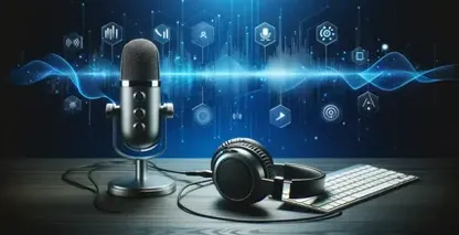 Voice-to-text on Yahoo Mail, modern microphones are highlighted amidst digital symbols and audio wave graphics.