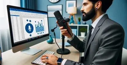 Professional at a computer views Excel with voice icons, hinting voice dictation.