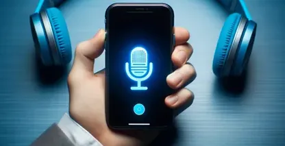 Call transcriptions emphasize audio recording with laptop, headphones, and mic on a wood table