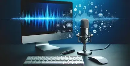 Desk setup with microphone, computer, and keyboard for musescore transcription
