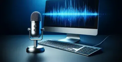 Image of a microphone and computer screen with sound waves, relevant to nvivo-transcription
