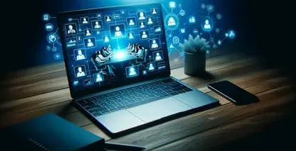 Infographic on 2023 Skype meeting transcriptions with icons and audio waves emphasizing audio-to-text conversion.