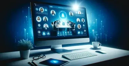 Computer screen displaying a formal business meeting on Webex Meetings with real-time transcription.