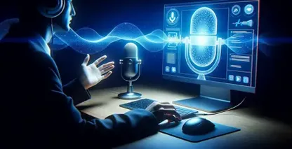 A person in formal attire sitting at a computer, wearing headphones and using a microphone to transcribe files to text.