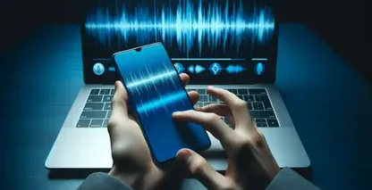 Formal-clad individual at a computer with headphones and mic, transcribing files to text.