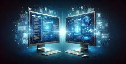 Two computer monitors displaying digital images of inqscribe and transkriptor software