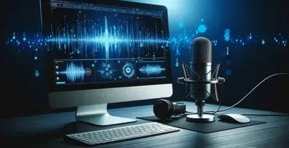 A computer monitor and microphone displaying sound waves, used for audio transcription.
