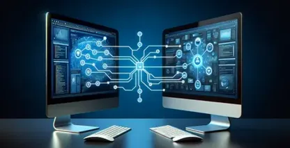 Two computer monitors displaying a digital interface, showcasing advanced technological capabilities.