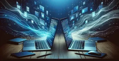Two laptops with a digital background are connected to each other