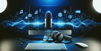 An organized desk with a microphone, headphones, and computer, utilized for audio files transcription.