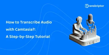 On a wooden table with a digital backdrop, a microphone and headphones are set up for transcribing audio.