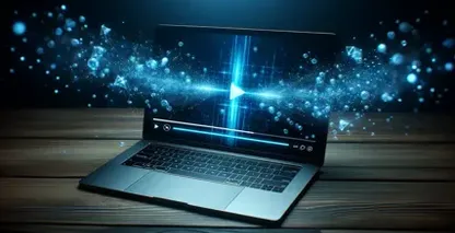 Audio-to-text-transcription visualized by a laptop on a surface, with effects making audio seem merged with reality.