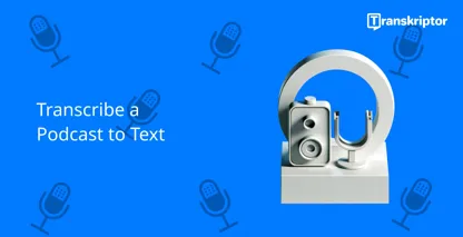 Podcast-to-text transcription visualized by a stethoscope and microphone setup.
