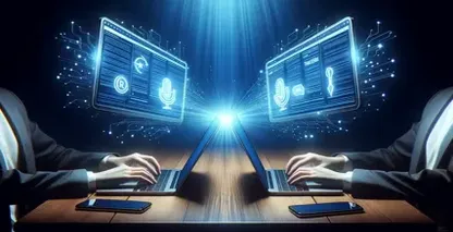 Two individuals, unseen except for their hands and part of their suit, sit opposite each other at a wooden table.