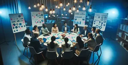 Professionals in a meeting room discuss transcription services for qualitative research. 