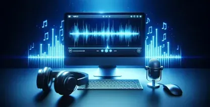 Automatic transcription software featured in a digital workspace with computer, headphones, and tabletop microphone.