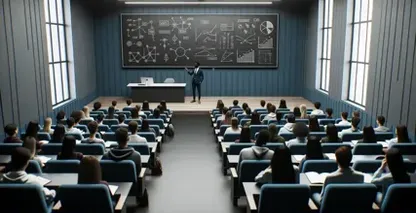 Note-taking strategies emphasized by an instructor presenting in a modern classroom with a detailed blackboard.