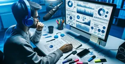 Academic transcription service depicted by a professional with headphones, mic, and a holographic interface on a laptop