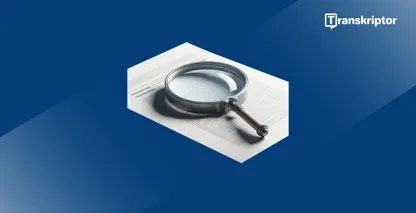 แว่นขยายเหนือเอกสารที่แสดงให้เห็นว่ามีการบันทึกการทําซ้ําในการถอดความ full verbatim อย่างไร