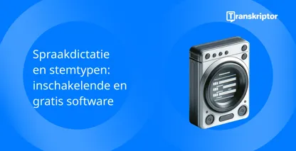 Blauwe uitstekende microfoon met transcriptietekst die de diensten van de spraakdictaat vertegenwoordigt.