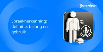 Spraakherkenning, met een figuur met microfoon en geluidsgolven, voor audioverwerkingstechnologie.