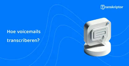 Iconische weergave van voicemailtranscriptie op een blauwe achtergrond die de conversie van audio naar tekst symboliseert.