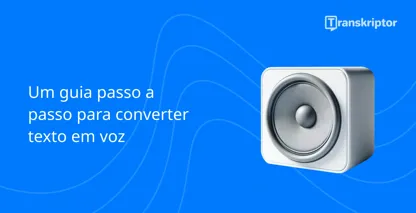 Guia passo a passo de conversão de texto em voz com um ícone de alto-falante representando o processo.