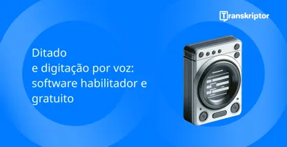 Microfone vintage azul com texto de transcrição representando serviços de ditado de voz.
