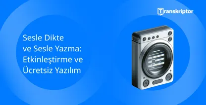 Sesli dikte hizmetlerini temsil eden transkripsiyon metnine sahip mavi vintage mikrofon.