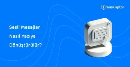 Sesten metne dönüştürmeyi simgeleyen mavi bir arka plan üzerinde sesli mesaj transkripsiyonunun ikonik temsili.